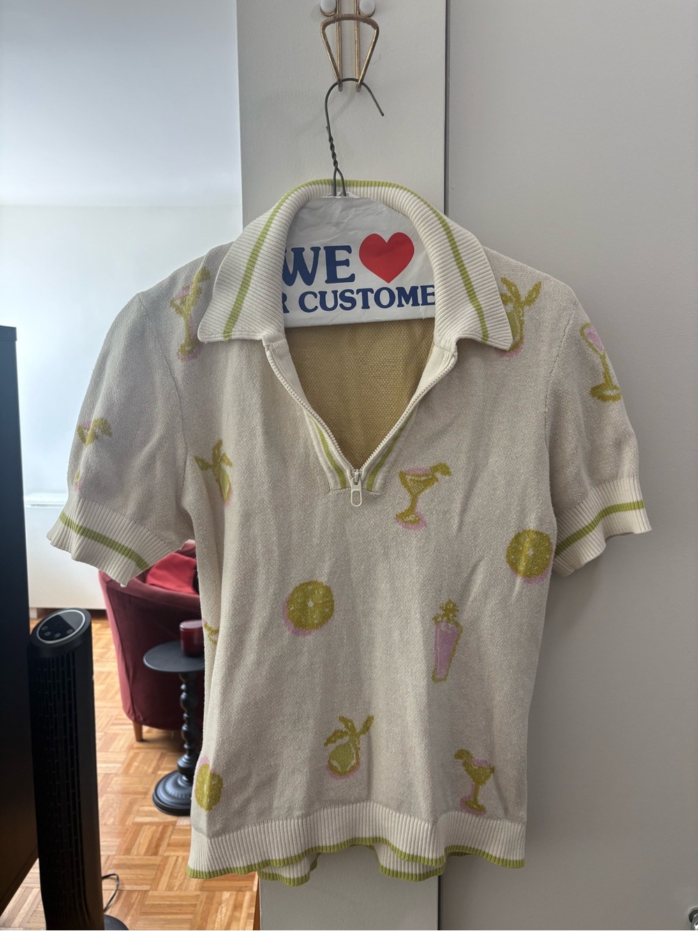 Cynthia Rowley Cream Knit Polo with Lime and Pink Tropical Motifs
